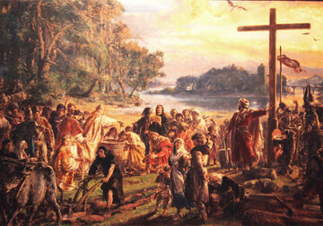 Jan Matejko,  &bdquo;Zaprowadzenie chrześcijaństwa R.P. 965&rdquo;, z&nbsp;cyklu &bdquo;Dzieje Cywilizacji w&nbsp;Polsce&rdquo;, (1889 rok)