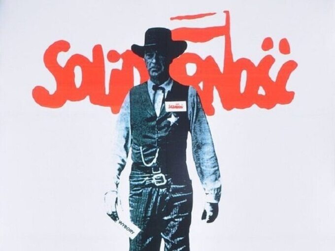 Plakat „Solidarności” (fragment) nawiązujący do kadru z filmu „W samo południe”