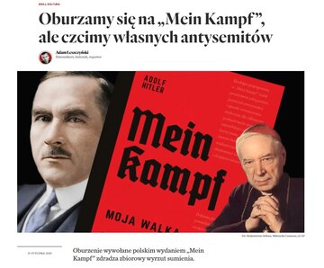 Polskie wydanie "Mein Kampf". Obok zdjęcie Romana Dmowskiego i&nbsp;kard. Stefana Wyszyńskiego