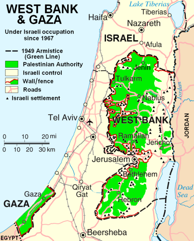 Mapa Izraela. Na zielono Zachodni Brzeg (West Bank) i Strefa Gazy