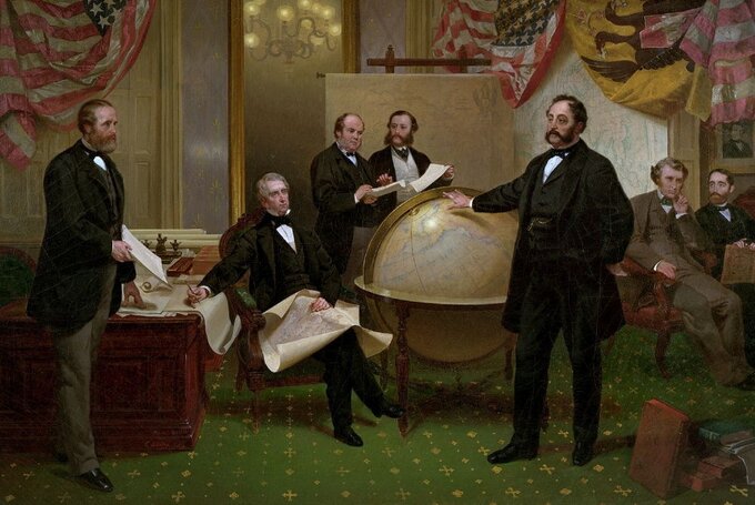 Podpisanie traktatu dot. zakupu Alaski przez USA. Od lewej: Robert S. Chew, William H. Seward, William Hunter , pan Bodisco, Eduard de Stoeckl , Charles Sumner i Frederick W. Seward