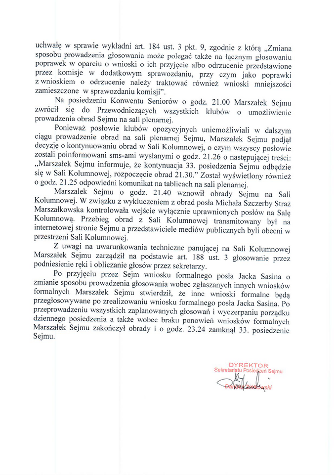 Notatka Sekretariatu Posiedzeń Sejmu ws. posiedzenia z&nbsp;16 grudnia