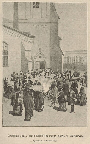 Święcenie ognia przed kościołem Panny Marii, w&nbsp;Warszawie, 1894 rok