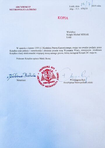 KOMUNIKAT KURII METROPOLITALNEJ Ł&Oacute;DZKIEJ WS. KS. MICHAŁA MISIAKA