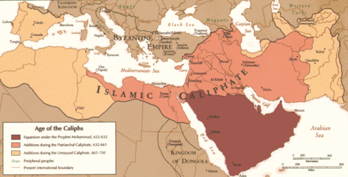 Zasięg wpływów muzułmanów w VII-VIII wieku