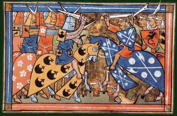 XIV-wieczna miniatura francuska przedstawiająca zmagania krzyżowc&oacute;w