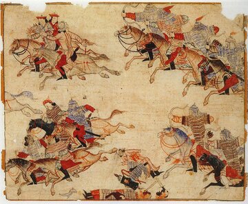 Mongolscy jeźdźcy ścigają pokonanych przeciwnik&oacute;w. Ilustracja, XIV wiek