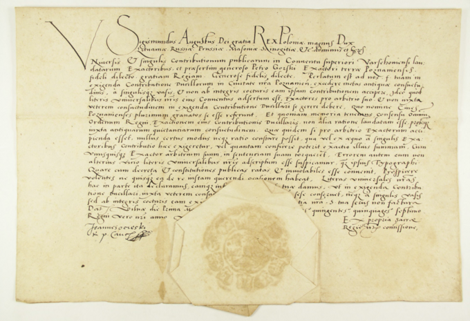 Mandat z 1 lipca 1557 króla polskiego Zygmunta II Augusta do poborcy podatkowego Piotra Górskiego zmieniający pobieranie czopowego od warki, a nie od beczki.