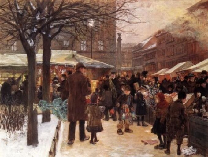 Jarmark bożonarodzeniowy (Weihnachtsmarkt) w Berlinie, mal. Franz Skarbina, 1882