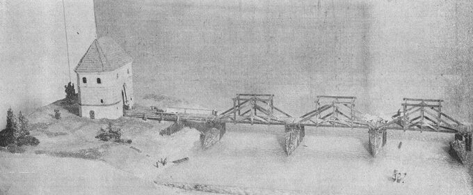 Model Bramy Mostowej i trzech pierwszych przęseł mostu Zygmunta Augusta eksponowany w latach 60. w Muzeum Historycznym m.st. Warszawy