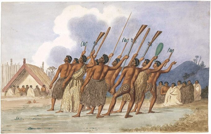 Haka wykonywana przez Maorysów z Nowej Zelandii. Rysunek z ok. 1845 roku