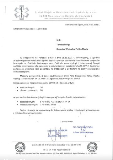 Liczba pacjent&oacute;w z&nbsp;COVID-19 w&nbsp;szpitalu w&nbsp;Siemianowicach Śląskich