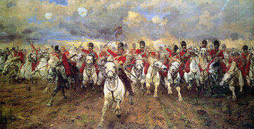 Atak szkockiej kawalerii podczas Bitwy pod&nbsp;Waterloo. Obraz Elizabeth Thompson