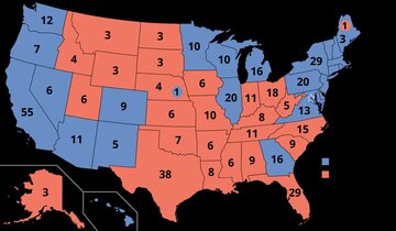 Mapa z&nbsp;wynikami wybor&oacute;w prezydenckich w&nbsp;USA w&nbsp;2020 roku. Niebieskie -&nbsp;wygrana Bidena, czerwone -&nbsp;wygrana Trumpa