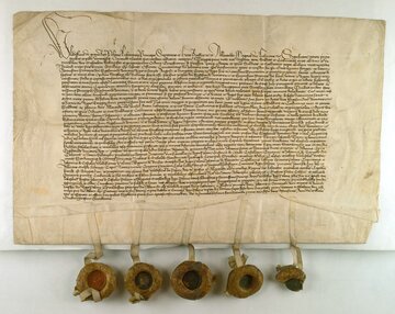Kr&oacute;l Władysław Jagiełło i&nbsp;wielki książę Witold (Aleksander) zobowiązują się zachować rozejm z&nbsp;wielkim mistrzem krzyżackim Michaelem K&uuml;chmeistrem, 1416