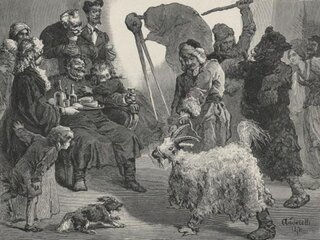 Zapusty w&nbsp;karczmie. Widoczni kolędnicy przebrani np. za&nbsp;kozła, bociana i&nbsp;dziada