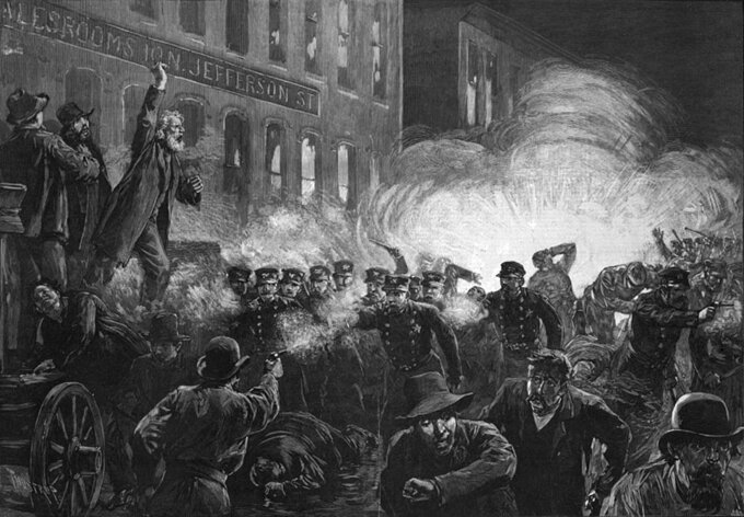 Zamieszki na Haymarket w Chicago. Ilustracja z Harper’s Weekly, 15 maja 1886.