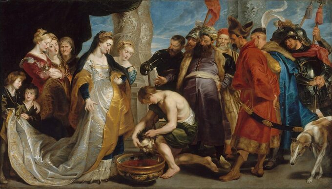 Tomyris, władczyni Masagetów ogląda odciętą głowę Cyrusa Wielkiego. Mal. P.P. Rubens