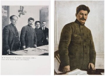 N. Antipow, J. Stalin, S. Kirow, N. Szwernik. Obok to&nbsp;samo zdjęcie, ale&nbsp;wszystkie postaci opr&oacute;cz Stalina są usunięte.