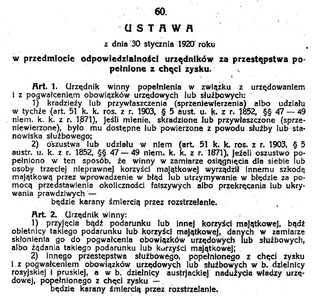 Fragment ustawy dotyczącej korupcji z 30 stycznia 1920 r.