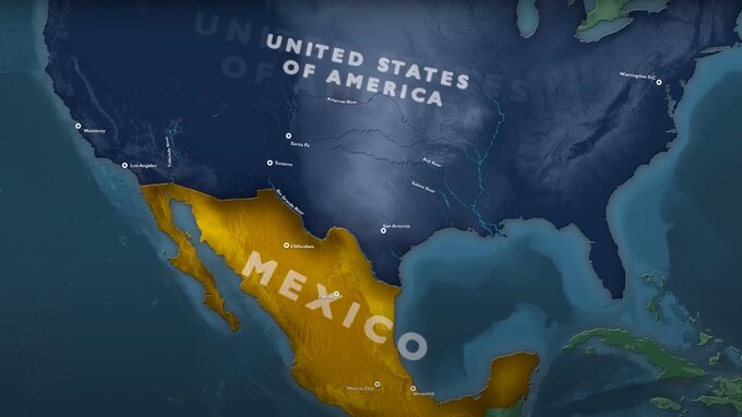 Grafika ukazująca fragment mapy Ameryki Północnej po przyłączeniu do USA prowincji meksykańskich w 1848 r. i części Oregonu w 1846 r.