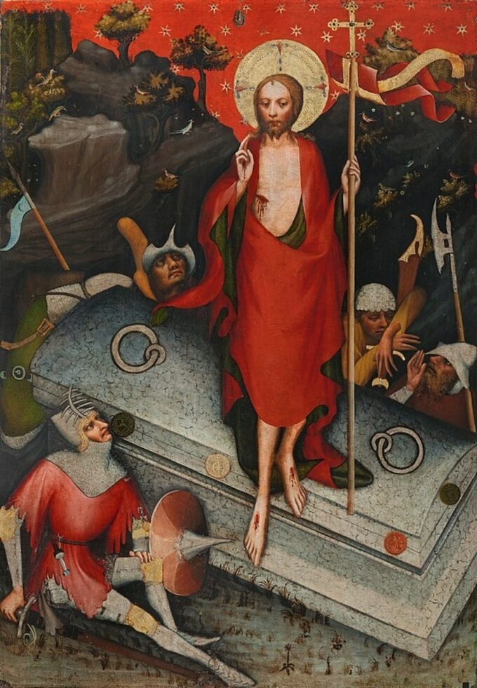 Zmartwychwstanie. Malował czeski malarz zwany Mistrzem Ołtarza z Trzeboni, XIV wiek