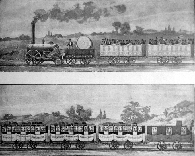 Grafika przedstawiająca pierwszą linię kolejową między Manchesterem a Liverpoolem. Wagony ciągnie lokomotywa George'a Stephensona
