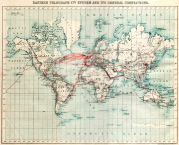 Mapa z&nbsp;1901 roku przedstawiająca system telegraficzny na&nbsp;świecie.