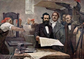 Marks i&nbsp;Engels w&nbsp;drukarni Neue Rheinische Zeitung. E. Capiro, 1895