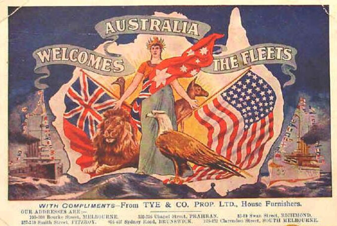 Australijska kartka pocztowa wydana z okazji wizyty Wielkiej Białej Floty (1908 r.)