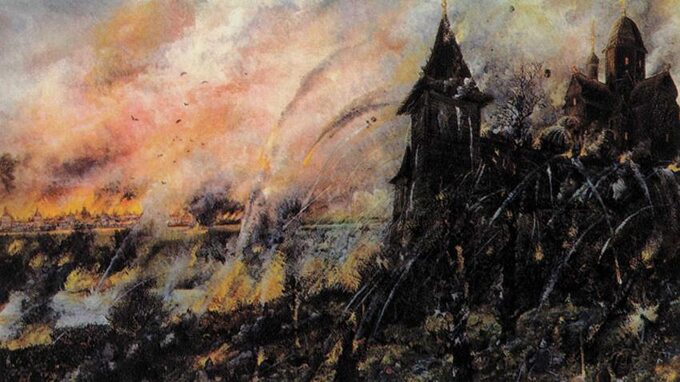 Obraz przedstawiający zniszczenie Moskwy przez Tochtamysza w 1382 roku. Mal. Vasily Sergeievich Smirnov.