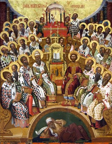 Sob&oacute;r nicejski. Ikona Michaela Damaskenosa z&nbsp;XVI wieku. Wykonana dla&nbsp;klasztoru Wrontisi na&nbsp;Krecie. Przechowywana w&nbsp;muzeum w&nbsp;Heraklionie