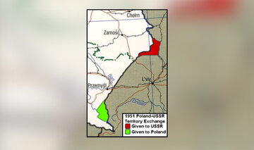 Tereny podlegające pod&nbsp;umowę o&nbsp;zamianie granic z&nbsp;1951&nbsp;r.: na&nbsp;czerwono do&nbsp;ZSRR, na&nbsp;zielono do&nbsp;Polski