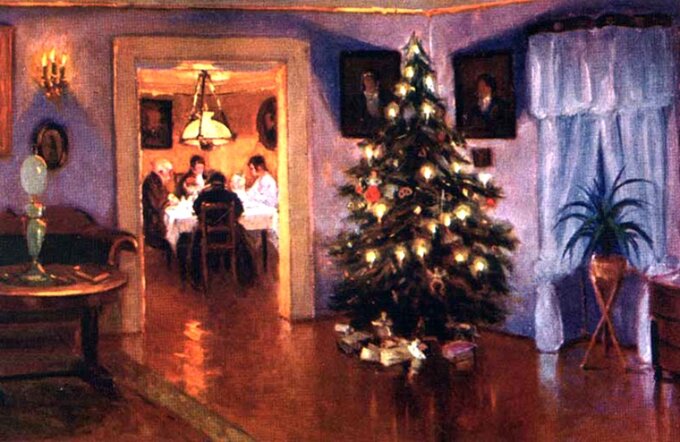 Bronisława Rychter-Janowska, Wigilia w&nbsp;polskim dworze, poczt&oacute;wka świąteczna, pocz. XX w.