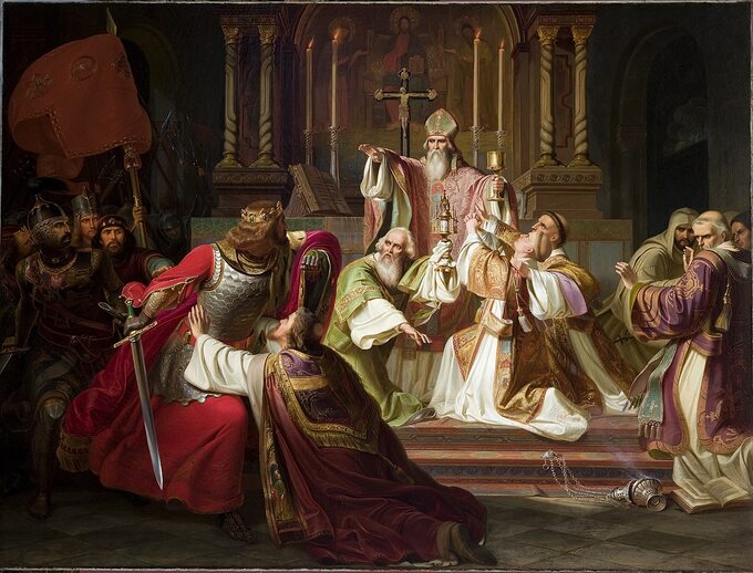 "Biskup Stanisław Szczepanowski rzucający klątwę na króla Bolesława Śmiałego" - obraz Juliusza Knoora z ok. 1840 roku