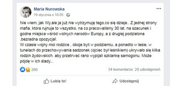 Wpis Marii Nurowskiej na&nbsp;Facebooku
