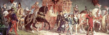 Ratusz w&nbsp;Landshut. Na&nbsp;ścianach Sali Wystawnej znajdują się sceny wesela z&nbsp;roku 1475. Zdjęcie przedstawia w&oacute;z Jadwigi Jagiellonki. Obok, na&nbsp;koniu, jedzie Jerzy Bogaty. Malowidło z&nbsp;XIX wieku