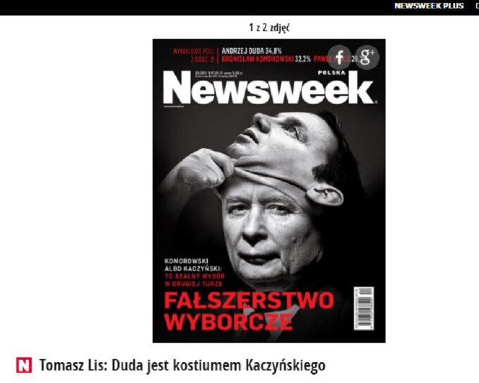 Okładka "Newsweeka" z&nbsp;maja 2015 roku. Tytuł numeru to&nbsp;"Duda jest kostiumem Kaczyńskiego"
