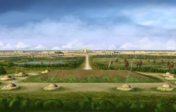 Wizualizacja wioski Cahokia ok. XIII-XIV w.  Ameryka P&oacute;łnocna