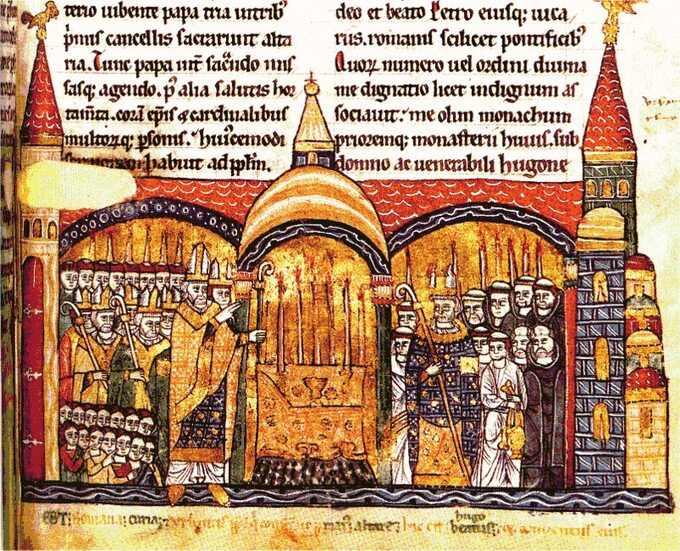 Konsekracja bazyliki w opactwie w Cluny  przez papieża Urbana II. Rys.z XII wieku