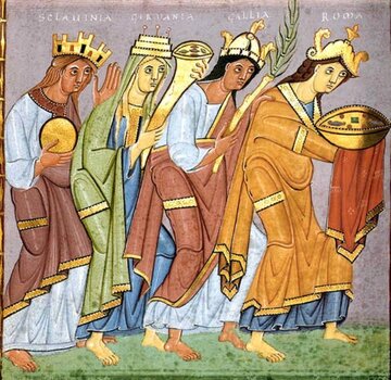 Sclavinia, Germania, Galia i&nbsp;Roma składają hołd Ottonowi III, fragment Ewangeliarza Ottona III&nbsp;z&nbsp;ok. 1000 roku