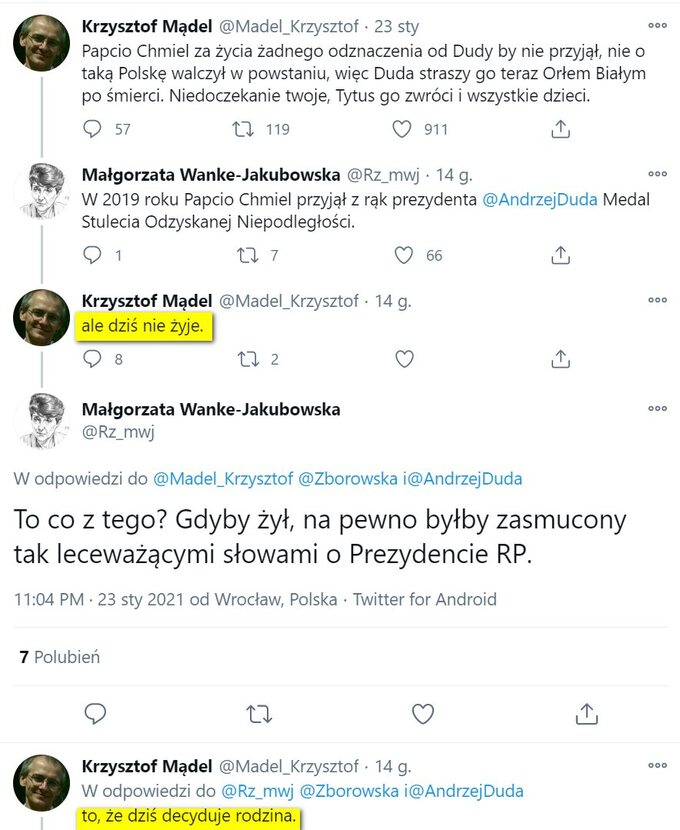 "Papcio Chmiel za życia żadnego odznaczenia od Dudy by nie przyjął, nie o taką Polskę walczył w powstaniu, więc Duda straszy go teraz Orłem Białym po śmierci" – przekonuje na Twitterze o. Krzysztof Mądel.
