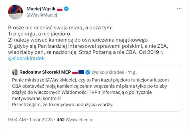 Wpisy europosła KO Radosława Sikorskiego i&nbsp;wiceszefa MSWiA Macieja Wąsika.