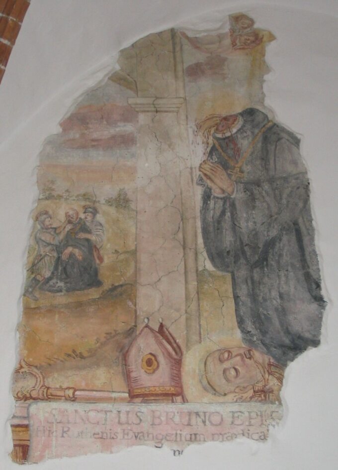 Fresk z opactwa Św. Krzyż przedstawiający śmierć Brunona z Kwerfurtu.