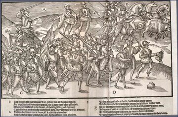 Angielscy żołnierze niosą głowy zabitych Irlandczyk&oacute;w. Ilustracja z&nbsp;"The Image of&nbsp;Irelande, with a&nbsp;Discoverie of&nbsp;Woodkarne", książki z&nbsp;1581 roku opisującej podb&oacute;j Irlandii