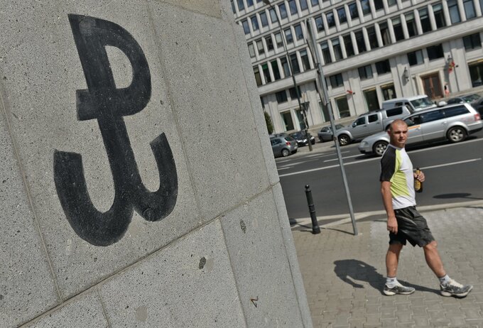 Symbol Polski Walczącej namalowany na elewacji gmachu Banku Gospodarstwa Krajowego przy ul. Mysiej w Warszawie