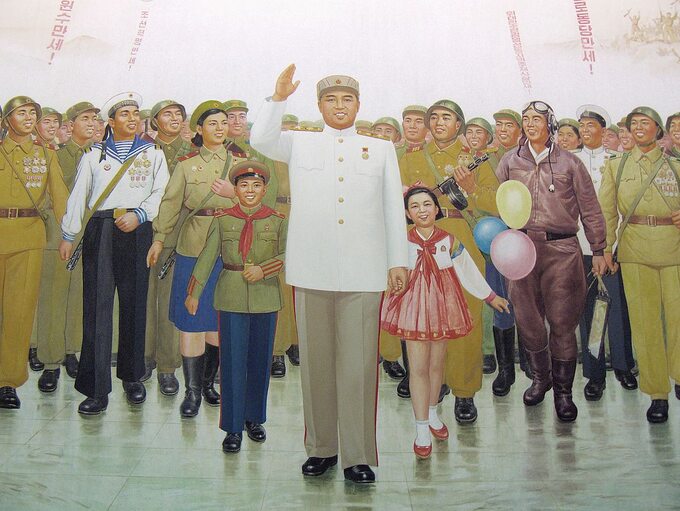 Północnokreański plakat propagandowy z muzeum w Pjongjangu.