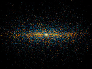 Symulowany rozkład przestrzenny planetoid bliskich Ziemi, w&nbsp;tym potencjalnie niebezpiecznych (pomarańczowe). Zielona linia wskazuje orbitę Ziemi.
