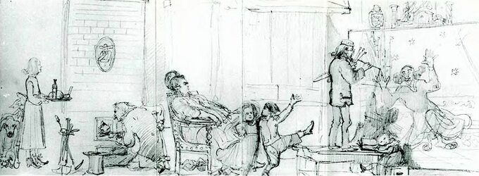 Jan Matejko, Autokarykatura rodziny Matejki:  Jan Matejko z paletą w ręku; żona w fotelu i dwoje dzieci (ok. 1872)