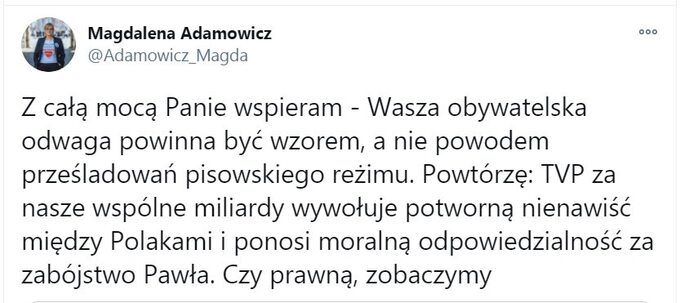 Wpis Magdaleny Adamowicz z Twittera
